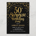 Invitación Surprise 50th Birthday Party - Black & Gold<br><div class="desc">Sorpresa 50.ª Invitación de fiesta de cumpleaños. Elegante diseño de oro negro y falso purpurina. Presenta un diseño elegante de tipo de letra y letra de guión. Mándame un mensaje si necesitas edad personalizado.</div>