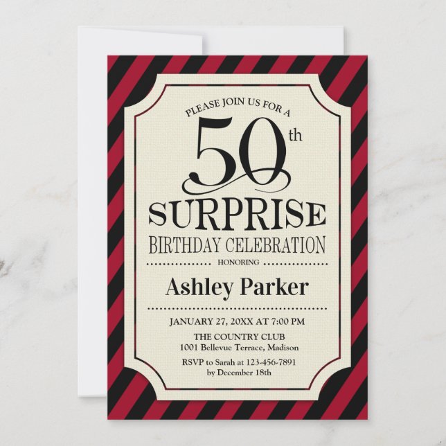 Invitación Surprise 50th Birthday Party - Black Red Stripes (Anverso)
