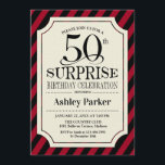 Invitación Surprise 50th Birthday Party - Black Red Stripes<br><div class="desc">Sorpresa 50.ª Invitación a la celebración de cumpleaños. Elegante diseño elegante con rayas negras rojas y estampado burlap. Presenta un elegante tipo de letra de guión negro. Mándame un mensaje si necesitas más personalización.</div>