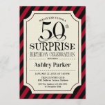 Invitación Surprise 50th Birthday Party - Black Red Stripes<br><div class="desc">Sorpresa 50.ª Invitación a la celebración de cumpleaños. Elegante diseño elegante con rayas negras rojas y estampado burlap. Presenta un elegante tipo de letra de guión negro. Mándame un mensaje si necesitas más personalización.</div>