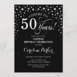 Invitación Surprise 50th Birthday Party - Black Silver<br><div class="desc">Sorpresa 50.ª Invitación de fiesta de cumpleaños. Elegante diseño en negro y falso purpurina plateado. Presenta el tipo de letra de guión y los diamantes confetti. ¡Salud a 50 años! Mándame un mensaje si necesitas más personalización.</div>