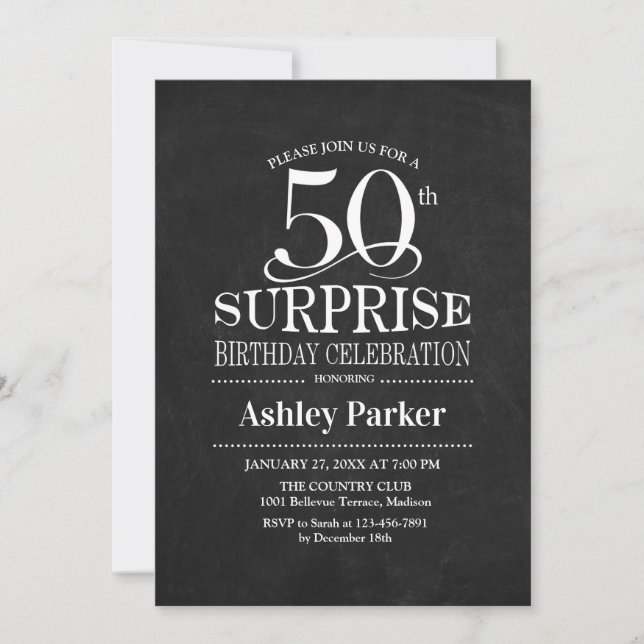 Invitación Surprise 50th Birthday Party - Blanco Negro (Anverso)