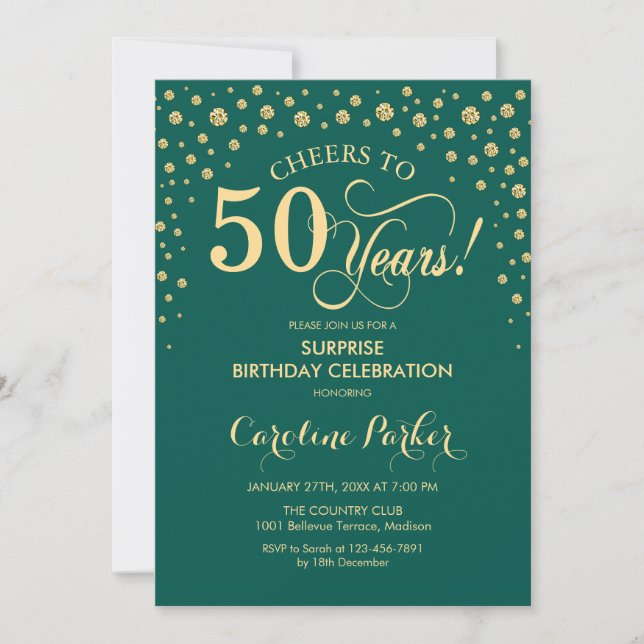 Invitación Surprise 50th Birthday Party - Emerald Green Gold (Anverso)