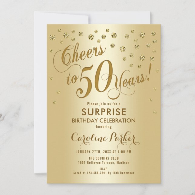 Invitación Surprise 50th Birthday Party - Gold (Anverso)