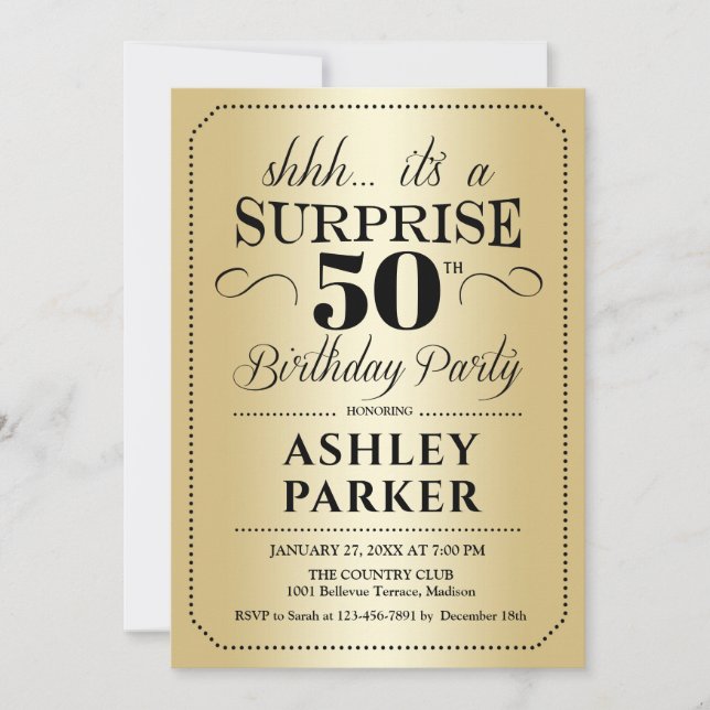 Invitación Surprise 50th Birthday Party - Gold (Anverso)