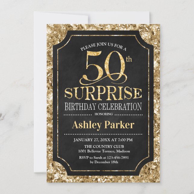 Invitación Surprise 50th Birthday Party - Gold Black (Anverso)