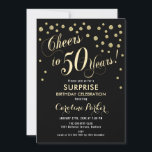 Invitación Surprise 50th Birthday Party - Gold Black<br><div class="desc">Sorpresa 50 cumpleaños Invitación de fiesta Elegante diseño con falso oro purpurina y negro. Presenta el tipo de letra del guión y el perfil. ¡Salud a 50 años! Mándame un mensaje si necesitas una edad personalizado.</div>