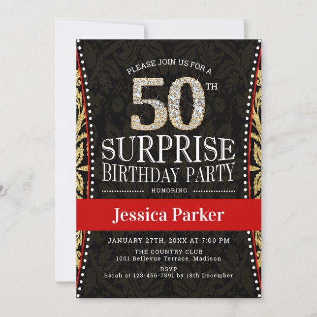 Invitación Surprise 50th Birthday Party - Gold Black Red (Anverso)
