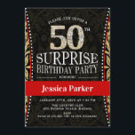 Invitación Surprise 50th Birthday Party - Gold Black Red<br><div class="desc">Sorpresa 50 cumpleaños Invitación de fiesta Elegante diseño en falso oro purpurina,  negro y rojo.</div>