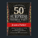 Invitación Surprise 50th Birthday Party - Gold Black Red<br><div class="desc">Sorpresa 50 cumpleaños Invitación de fiesta Elegante diseño en falso oro purpurina,  negro y rojo.</div>