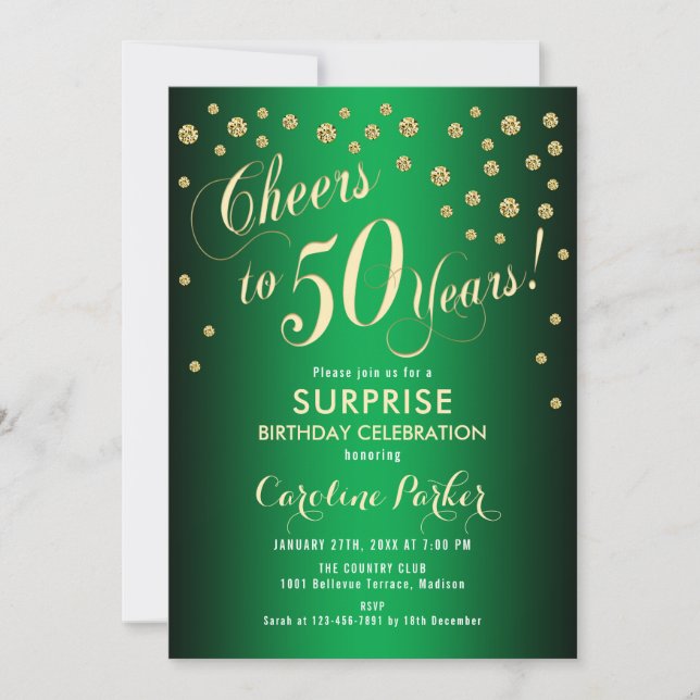 Invitación Surprise 50th Birthday Party - Gold Green (Anverso)