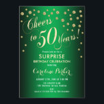 Invitación Surprise 50th Birthday Party - Gold Green<br><div class="desc">Sorpresa 50.ª Invitación de fiesta de cumpleaños. Elegante diseño con finos dorados purpurinas y verde. Presenta el tipo de letra del guión y el perfil. ¡Salud a 50 años! Mándame un mensaje si necesitas una edad personalizado.</div>