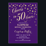 Invitación Surprise 50th Birthday Party - Gold Purple<br><div class="desc">Sorpresa 50th Birthday Party Invitation Elegante diseño con falso oro purpurina y morado. Presenta el tipo de letra del guión y el perfil. ¡Salud a 50 años! Mándame un mensaje si necesitas una edad personalizado.</div>
