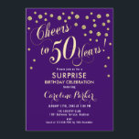 Invitación Surprise 50th Birthday Party - Gold Purple<br><div class="desc">Sorpresa 50th Birthday Party Invitation Elegante diseño con falso oro purpurina y morado. Presenta el tipo de letra del guión y el perfil. ¡Salud a 50 años! Mándame un mensaje si necesitas una edad personalizado.</div>