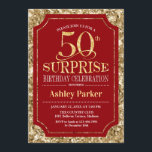Invitación Surprise 50th Birthday Party - Gold Red<br><div class="desc">Sorpresa 50.ª Invitación a la celebración de cumpleaños. Elegante diseño elegante en tonos rojos oscuros y purpurinas falsos. Presenta una fuente de script elegante. Mándame un mensaje si necesitas más personalización.</div>