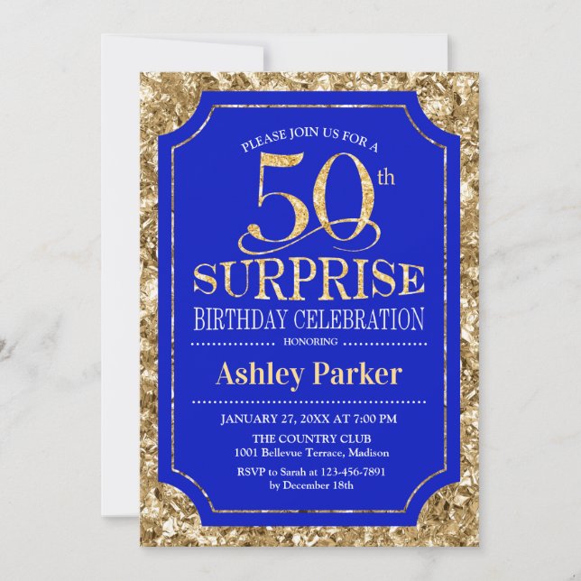 Invitación Surprise 50th Birthday Party - Gold Royal Blue (Anverso)