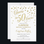 Invitación Surprise 50th Birthday Party - Gold White<br><div class="desc">Sorpresa 50th Birthday Party Invitation Elegante diseño con falso oro purpurina y blanco. Presenta el tipo de letra del guión y el perfil. ¡Salud a 50 años! Mándame un mensaje si necesitas una edad personalizado.</div>