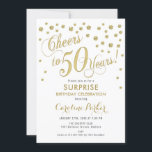 Invitación Surprise 50th Birthday Party - Gold White<br><div class="desc">Sorpresa 50th Birthday Party Invitation Elegante diseño con falso oro purpurina y blanco. Presenta el tipo de letra del guión y el perfil. ¡Salud a 50 años! Mándame un mensaje si necesitas una edad personalizado.</div>