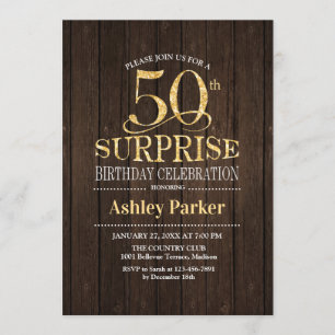 Invitación Surprise 50th Birthday Party - Gold Wood