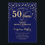 Invitación Surprise 50th Birthday Party - Marina Blue Gold<br><div class="desc">Sorpresa 50.ª Invitación de fiesta de cumpleaños. Elegante diseño en azul marino y falso oro purpurina. Presenta el tipo de letra de guión y los diamantes confetti. ¡Salud a 50 años! Mándame un mensaje si necesitas más personalización.</div>