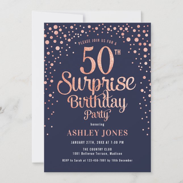 Invitación Surprise 50th Birthday Party - Navy & Rosa Gold (Anverso)