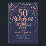 Invitación Surprise 50th Birthday Party - Navy & Rosa Gold<br><div class="desc">Sorpresa 50.ª Invitación de fiesta de cumpleaños. Diseño elegante en oro rosa purpurina y marrón. Presenta un diseño elegante de tipo de letra y letra de guión. Mándame un mensaje si necesitas edad personalizado.</div>