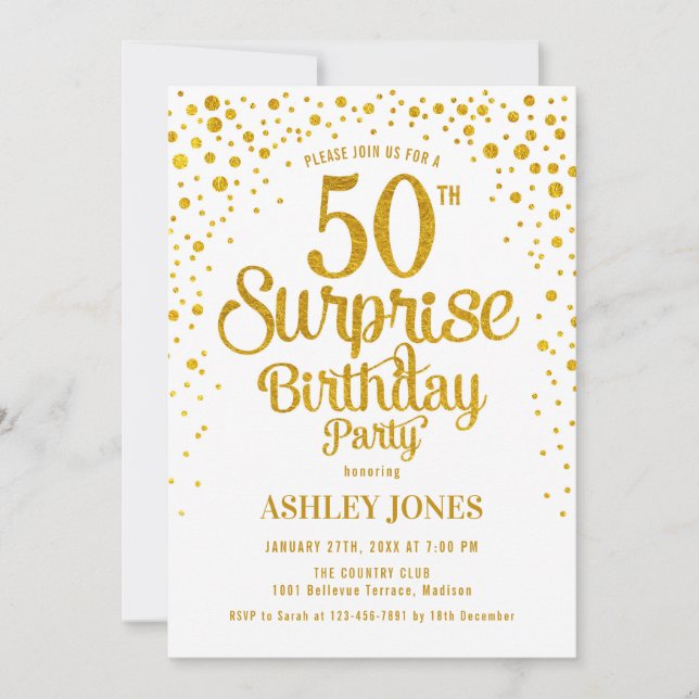 Invitación Surprise 50th Birthday Party - Oro y Blanco (Anverso)