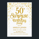Invitación Surprise 50th Birthday Party - Oro y Blanco<br><div class="desc">Sorpresa 50.ª Invitación de fiesta de cumpleaños. Elegante diseño de oro blanco y falso purpurina. Presenta un diseño elegante de tipo de letra y letra de guión. Mándame un mensaje si necesitas edad personalizado.</div>