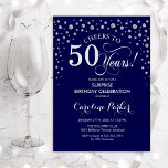 Invitación Surprise 50th Birthday Party - Plata de la Marina<br><div class="desc">Sorpresa 50.ª Invitación de fiesta de cumpleaños. Elegante diseño en azul marino y falsa plata purpurina. Presenta el tipo de letra de guión y los diamantes confetti. ¡Salud a 50 años! Mándame un mensaje si necesitas más personalización.</div>