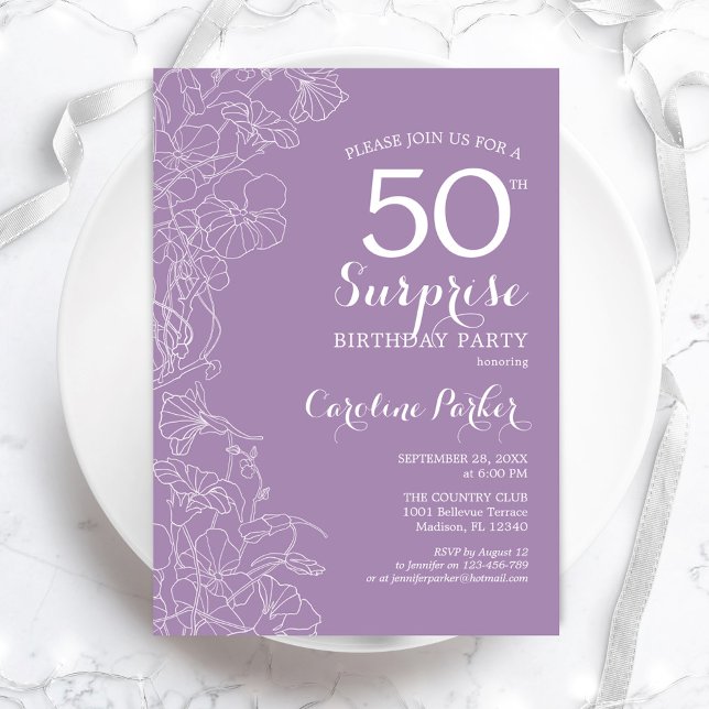 Invitación Surprise 50th Birthday Party - Purple Floral (Subido por el creador)
