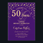 Invitación Surprise 50th Birthday Party - Purple Gold<br><div class="desc">Sorpresa 50.ª Invitación de fiesta de cumpleaños. Elegante diseño de color púrpura real y oro falso purpurina. Presenta el tipo de letra de guión y los diamantes confetti. ¡Salud a 50 años! Mándame un mensaje si necesitas más personalización.</div>