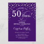 Invitación Surprise 50th Birthday Party - Purple Silver<br><div class="desc">Sorpresa 50.ª Invitación de fiesta de cumpleaños. Elegante diseño en color púrpura y falso purpurina plateado. Presenta el tipo de letra de guión y los diamantes confetti. ¡Salud a 50 años! Mándame un mensaje si necesitas más personalización.</div>