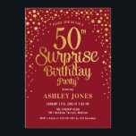 Invitación Surprise 50th Birthday Party - Red & Gold<br><div class="desc">Sorpresa 50.ª Invitación de fiesta de cumpleaños. Elegante diseño de color rojo oscuro y falso oro purpurina. Presenta un diseño elegante de tipo de letra y letra de guión. Mándame un mensaje si necesitas edad personalizado.</div>