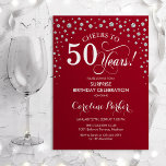 Invitación Surprise 50th Birthday Party - Red Silver<br><div class="desc">Sorpresa 50.ª Invitación de fiesta de cumpleaños. Elegante diseño en rojo oscuro y purpurina falso plateado. Presenta el tipo de letra de guión y los diamantes confetti. ¡Salud a 50 años! Mándame un mensaje si necesitas más personalización.</div>