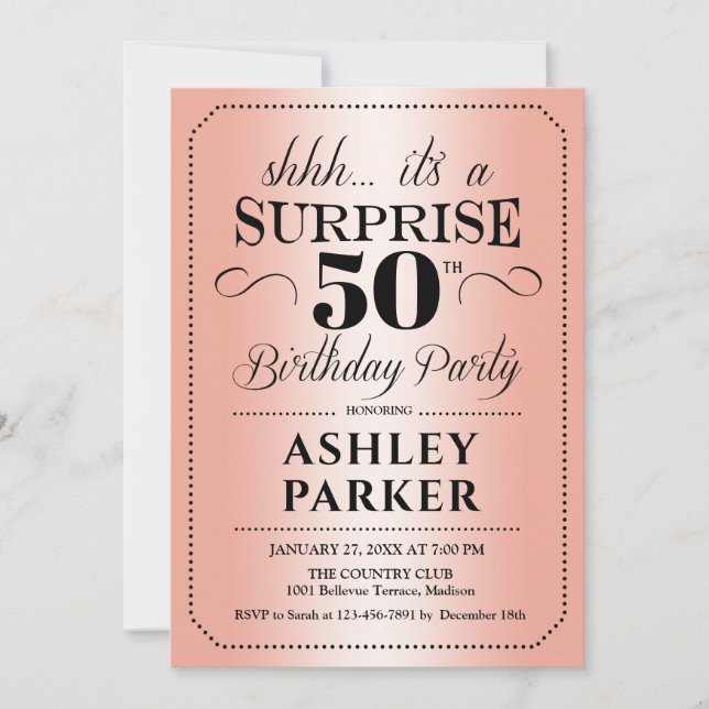 Invitación Surprise 50th Birthday Party - Rosa Gold (Anverso)