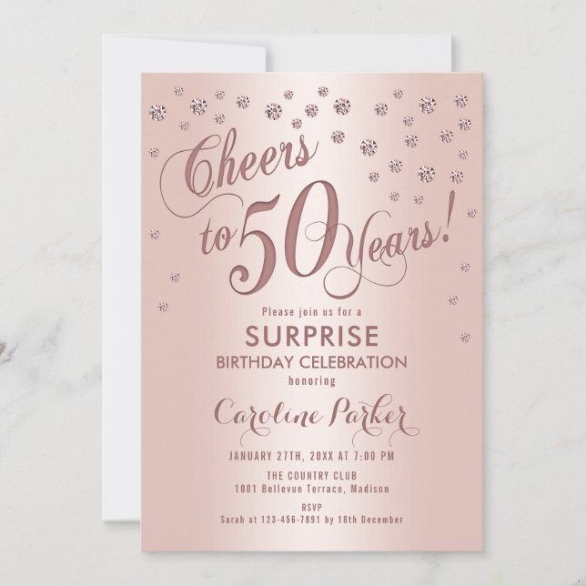 Invitación Surprise 50th Birthday Party - Rosa Gold (Anverso)