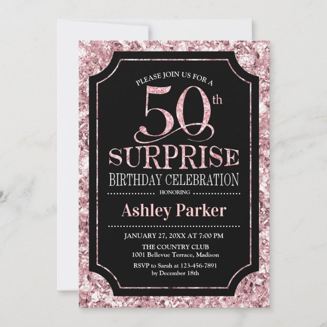 Invitación Surprise 50th Birthday Party - Rosa Gold Black (Anverso)