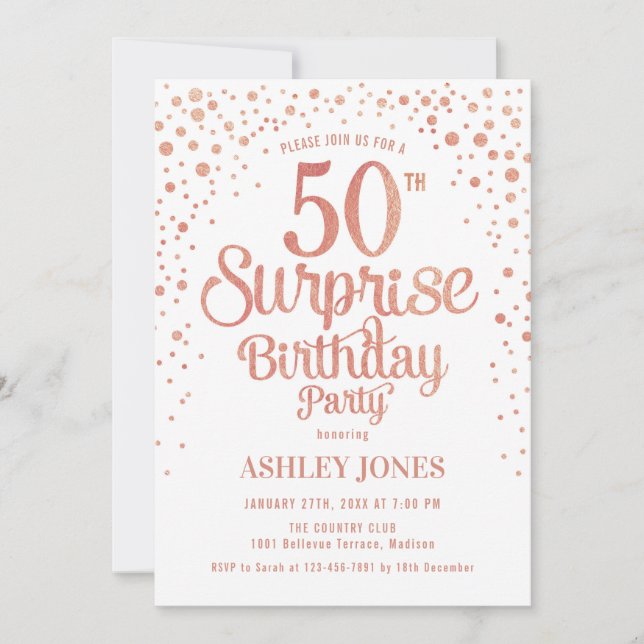 Invitación Surprise 50th Birthday Party - Rosa Gold & White (Anverso)