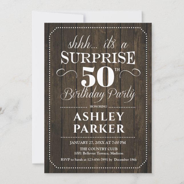 Invitación Surprise 50th Birthday Party - Rustic Wood (Anverso)