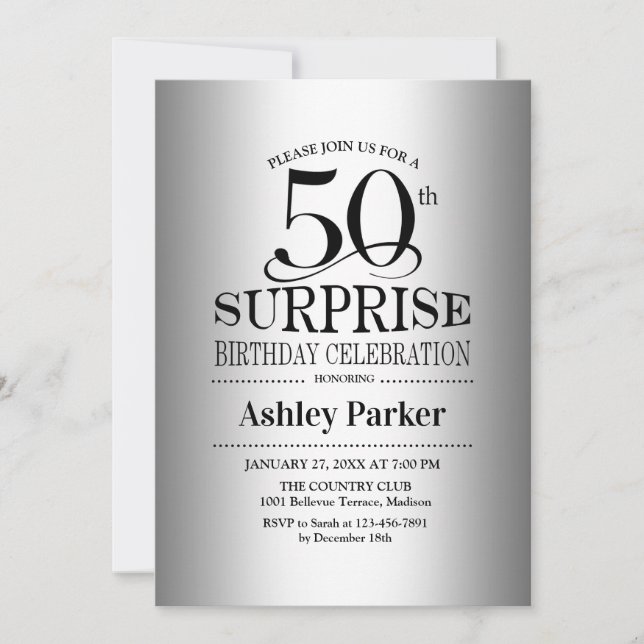 Invitación Surprise 50th Birthday Party - Silver (Anverso)