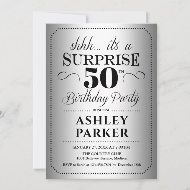 Invitación Surprise 50th Birthday Party - Silver (Anverso)