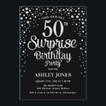 Invitación Surprise 50th Birthday Party - Silver & Black<br><div class="desc">Sorpresa 50.ª Invitación de fiesta de cumpleaños. Elegante diseño en negro y falso purpurina plateado. Presenta un diseño elegante de tipo de letra y letra de guión. Mándame un mensaje si necesitas edad personalizado.</div>