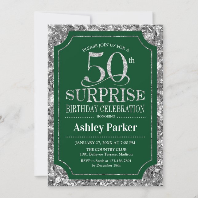 Invitación Surprise 50th Birthday Party - Silver Green (Anverso)