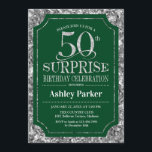Invitación Surprise 50th Birthday Party - Silver Green<br><div class="desc">Sorpresa 50.ª Invitación a la celebración de cumpleaños. Elegante diseño de estilo elegante en verde oscuro de los bosques y falso patrón de plata purpurina. Presenta una fuente de script elegante. Mándame un mensaje si necesitas más personalización.</div>
