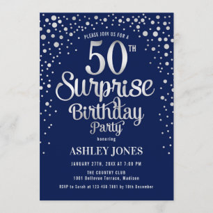 Invitación Surprise 50th Birthday Party - Silver & Navy Blue