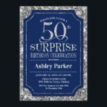 Invitación Surprise 50th Birthday Party - Silver Navy Blue<br><div class="desc">Sorpresa 50.ª Invitación a la celebración de cumpleaños. Elegante diseño elegante en azul marino y falso purpurina plateado. Presenta una fuente de script elegante. Mándame un mensaje si necesitas más personalización.</div>
