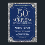 Invitación Surprise 50th Birthday Party - Silver Navy Blue<br><div class="desc">Sorpresa 50.ª Invitación a la celebración de cumpleaños. Elegante diseño elegante en azul marino y falso purpurina plateado. Presenta una fuente de script elegante. Mándame un mensaje si necesitas más personalización.</div>