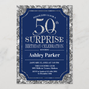 Invitación Surprise 50th Birthday Party - Silver Navy Blue