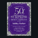 Invitación Surprise 50th Birthday Party - Silver Purple<br><div class="desc">Invitación a la celebración de cumpleaños número 50 de una sorpresa rústica. Elegante diseño elegante con un diseño de color púrpura real y falso purpurina plateado. Presenta una fuente de script elegante. Mándame un mensaje si necesitas más personalización.</div>