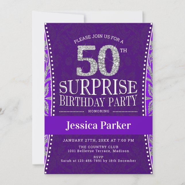 Invitación Surprise 50th Birthday Party - Silver Purple (Anverso)